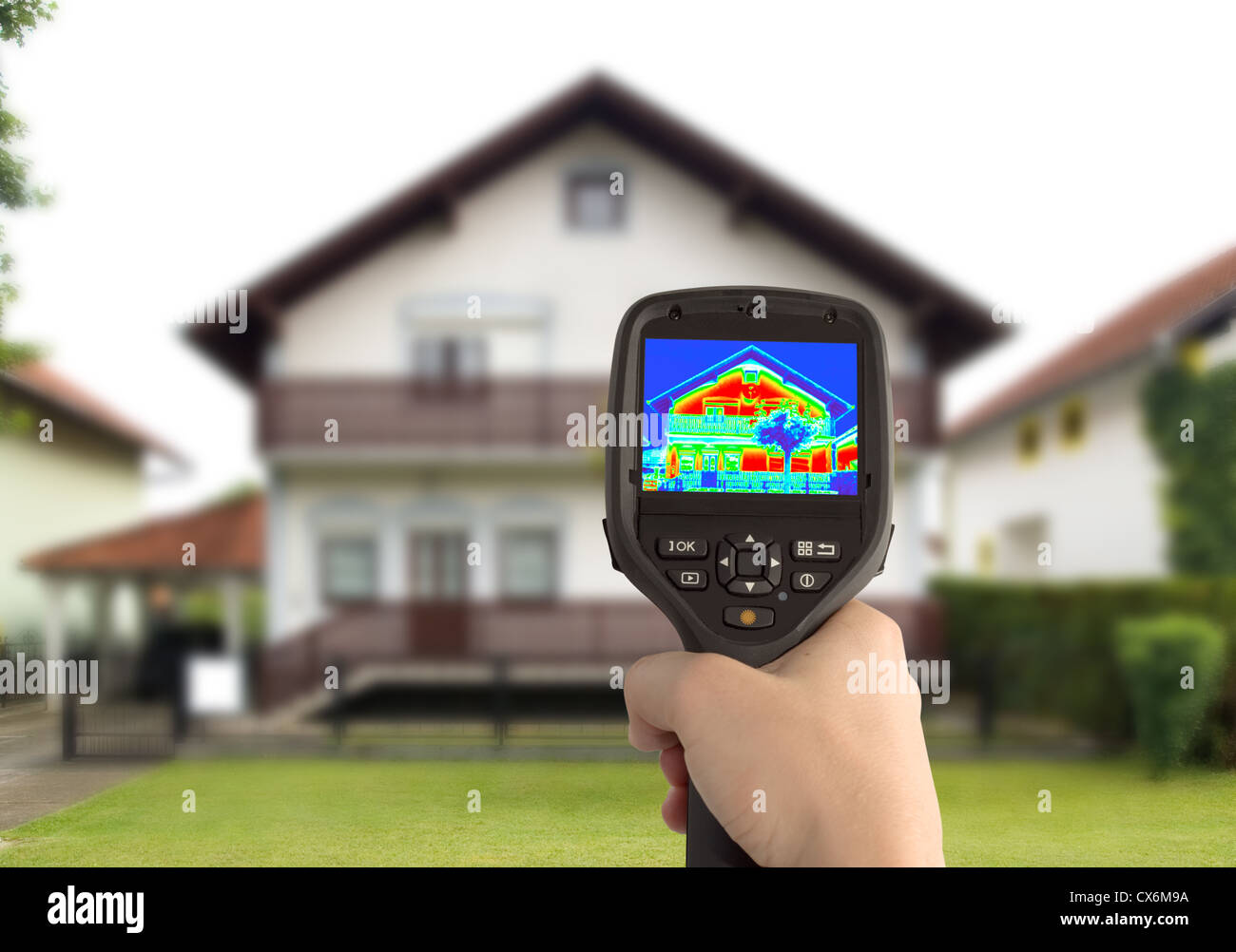 Heat Loss Detection of the House With Infrared Thermal Camera Stock Photo