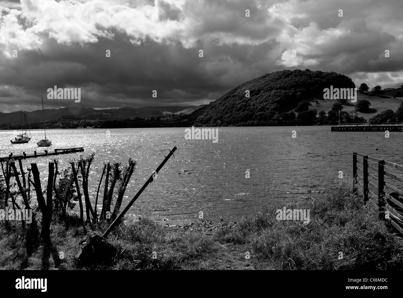 Black white photograph of lake windermere lake district cumbria england uk