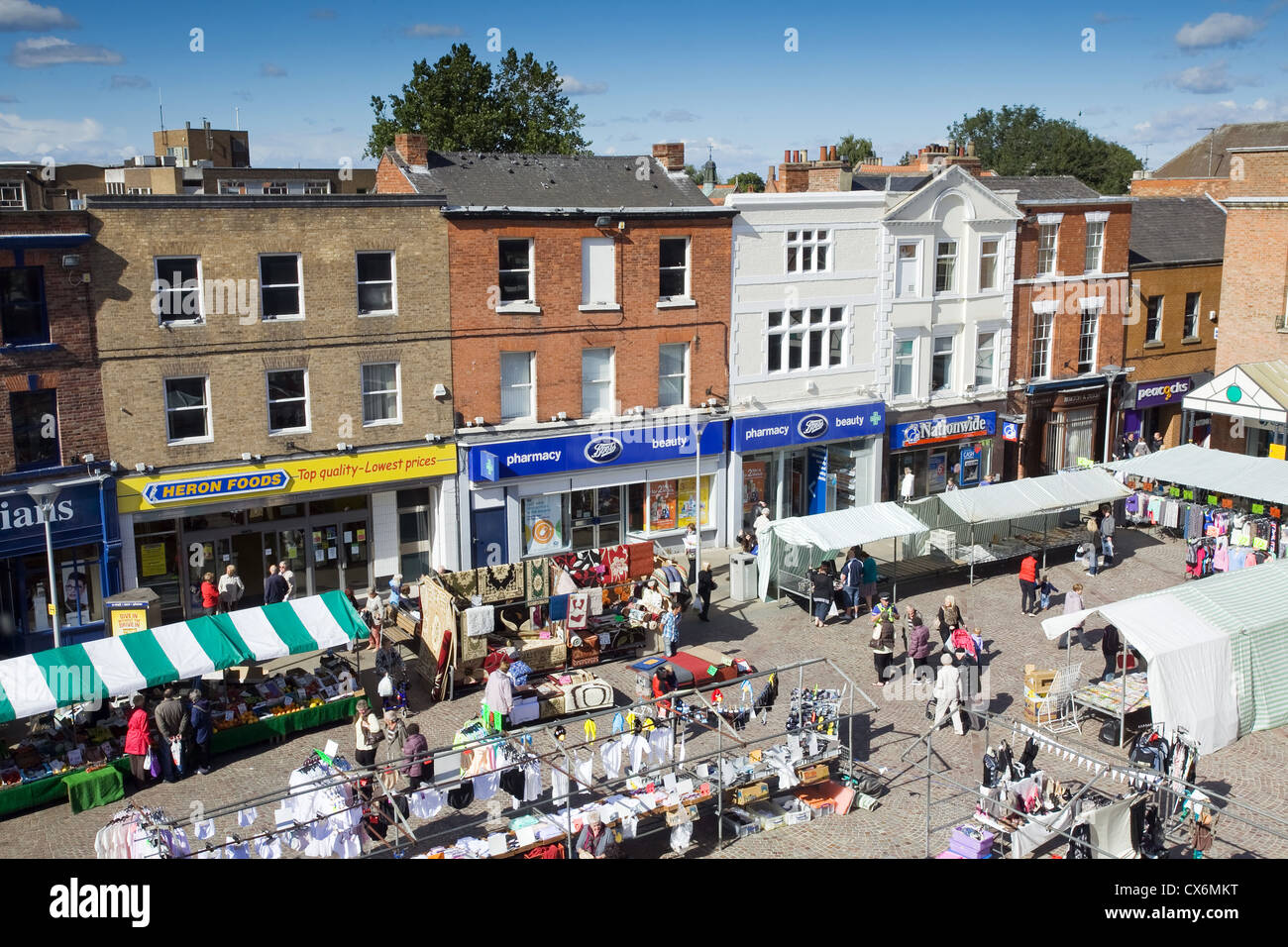 The outdoor market in Market Square in the Lincolnshire Market Town of Gainsborough. Stock Photo