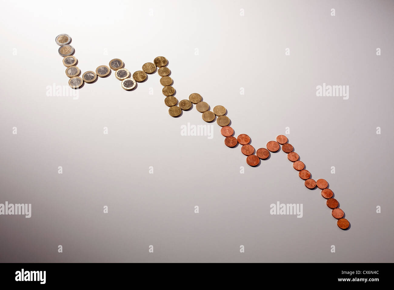 European Union coins arranged in a decreasing line graph Stock Photo