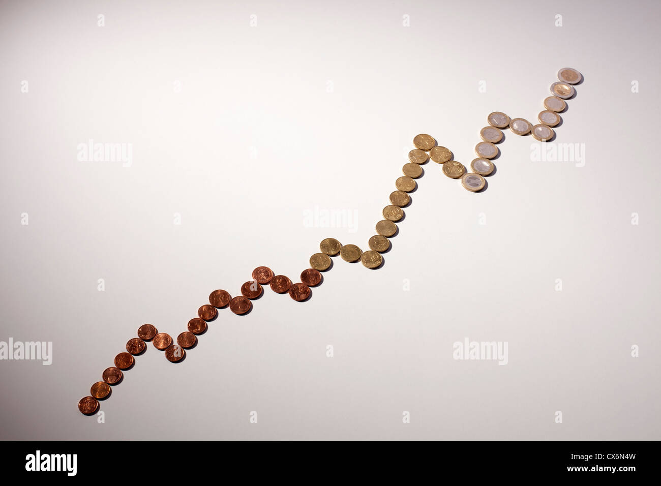 European Union coins arranged into an increasing line graph Stock Photo