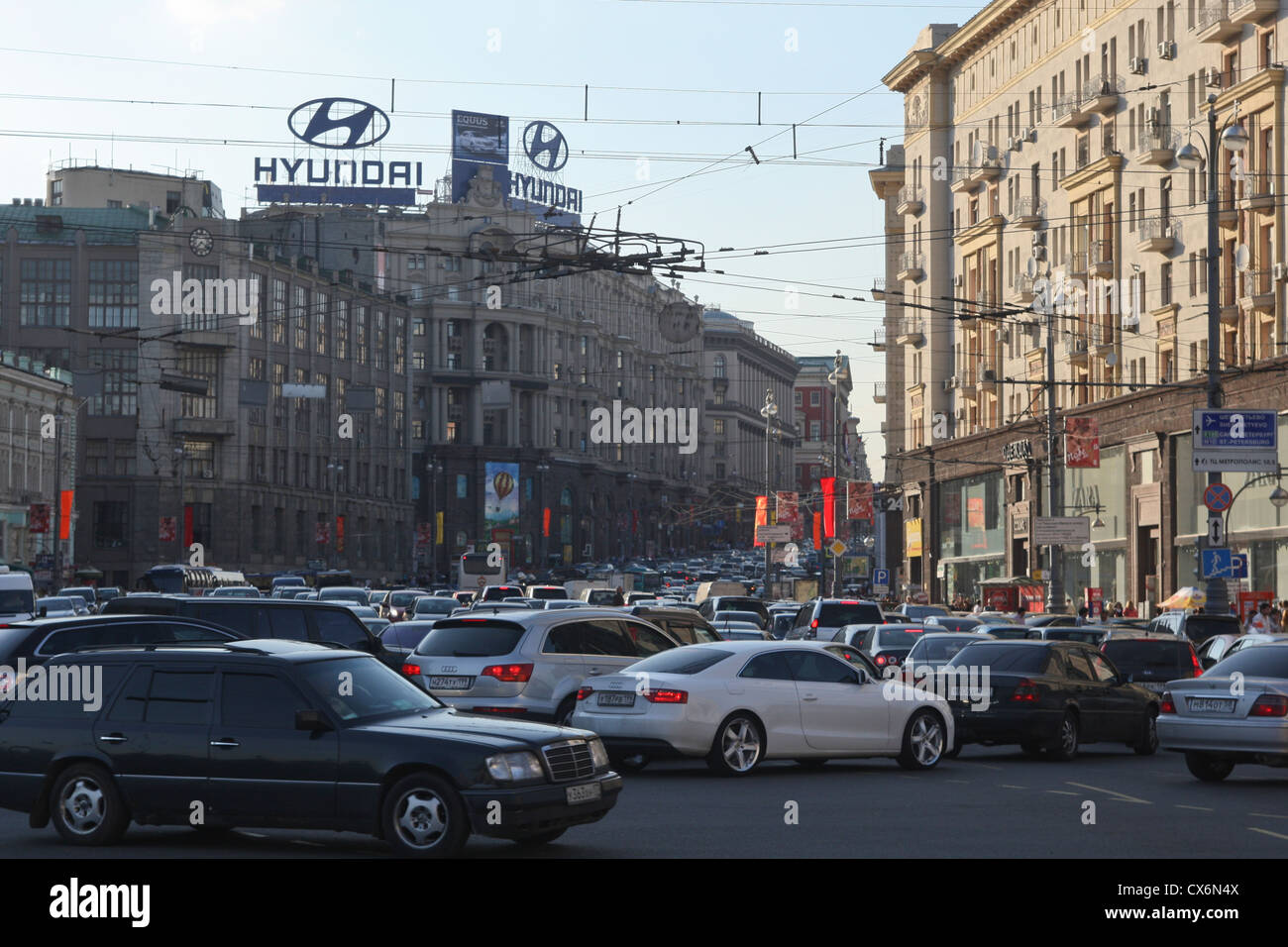 Traffic jam in Tverskaya Street in downtown Moscow, Russia Stock Photo