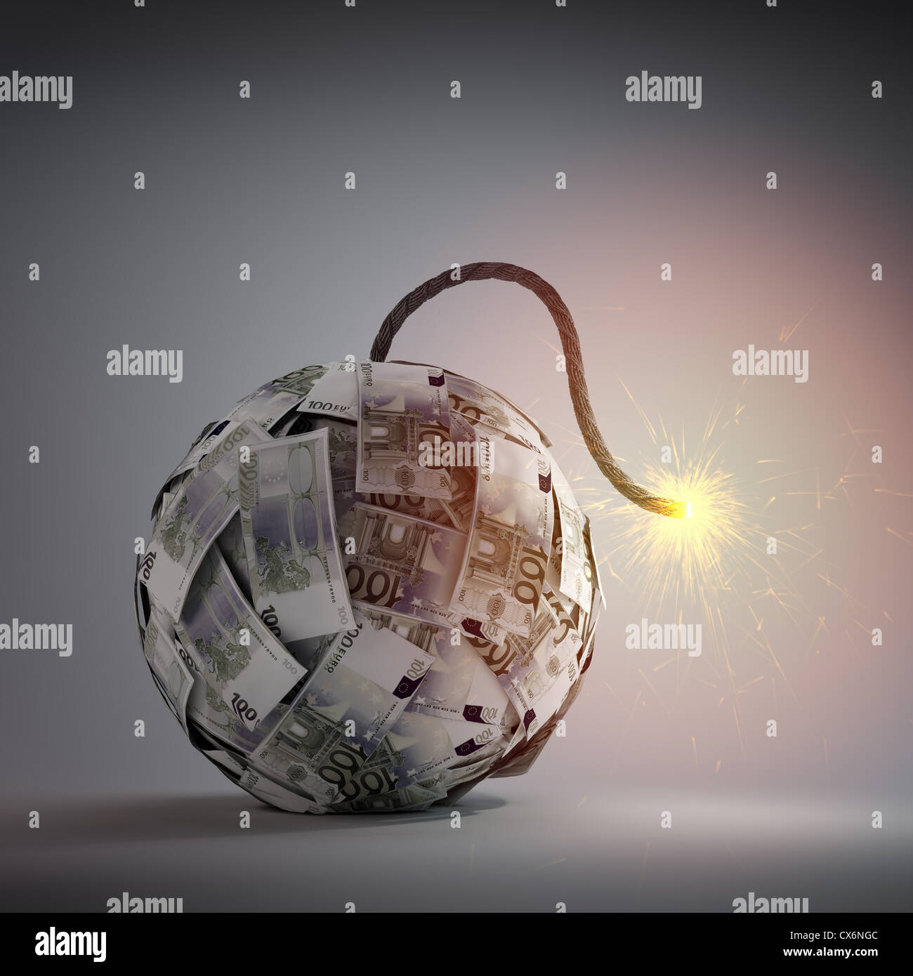 Ball of Euro bills shaped like an old bomb - government debt and financial crisis concept Stock Photo