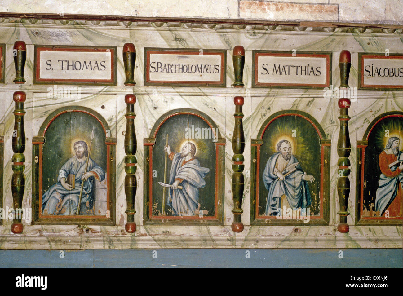 Paintings of saints in the medieval St. Lawrence Church of Isokyro, Finland Stock Photo