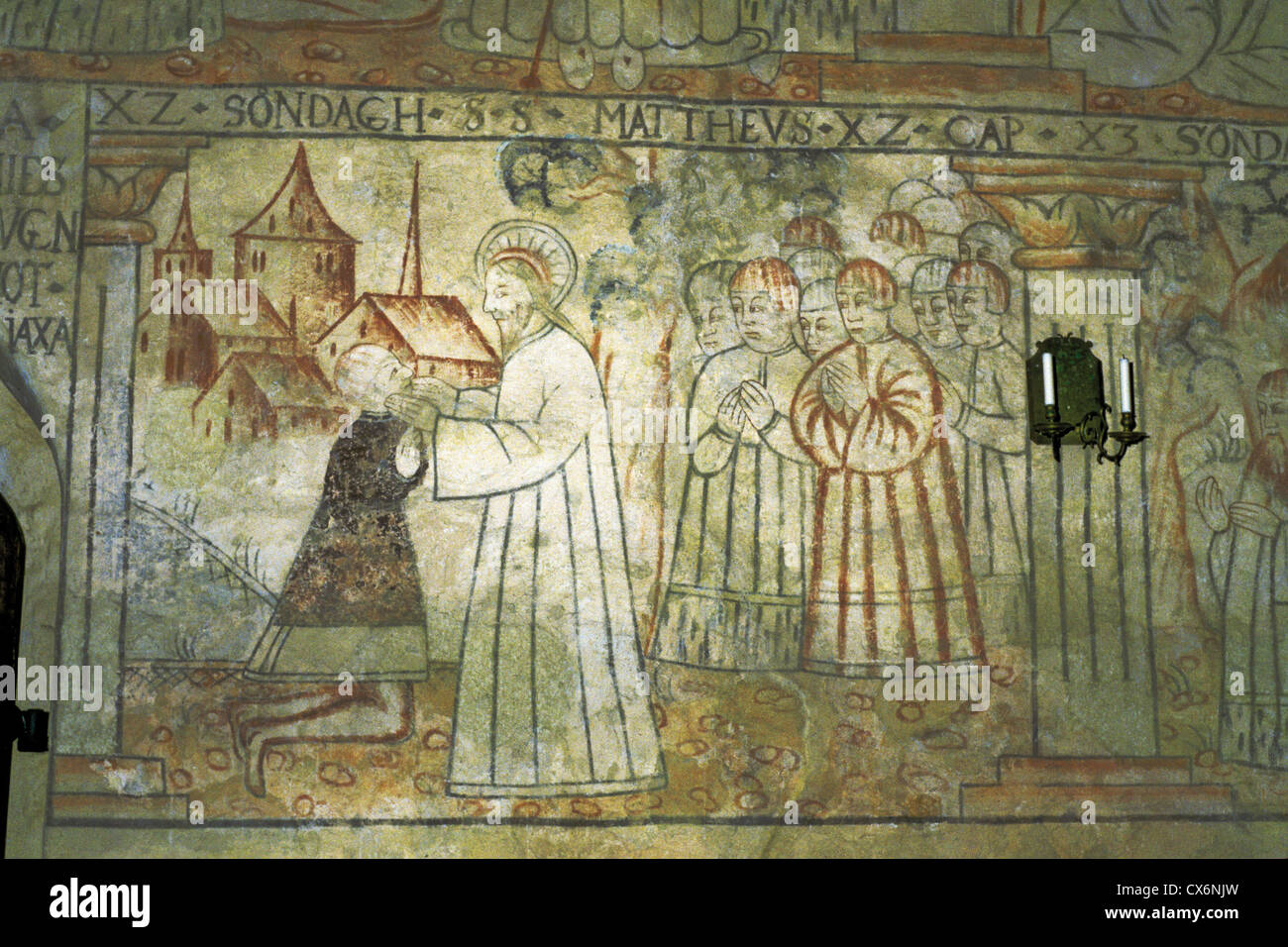 Wall mural with a depiction of Jesus Christ in the medieval St. Lawrence Church of Isokyro, Finland Stock Photo
