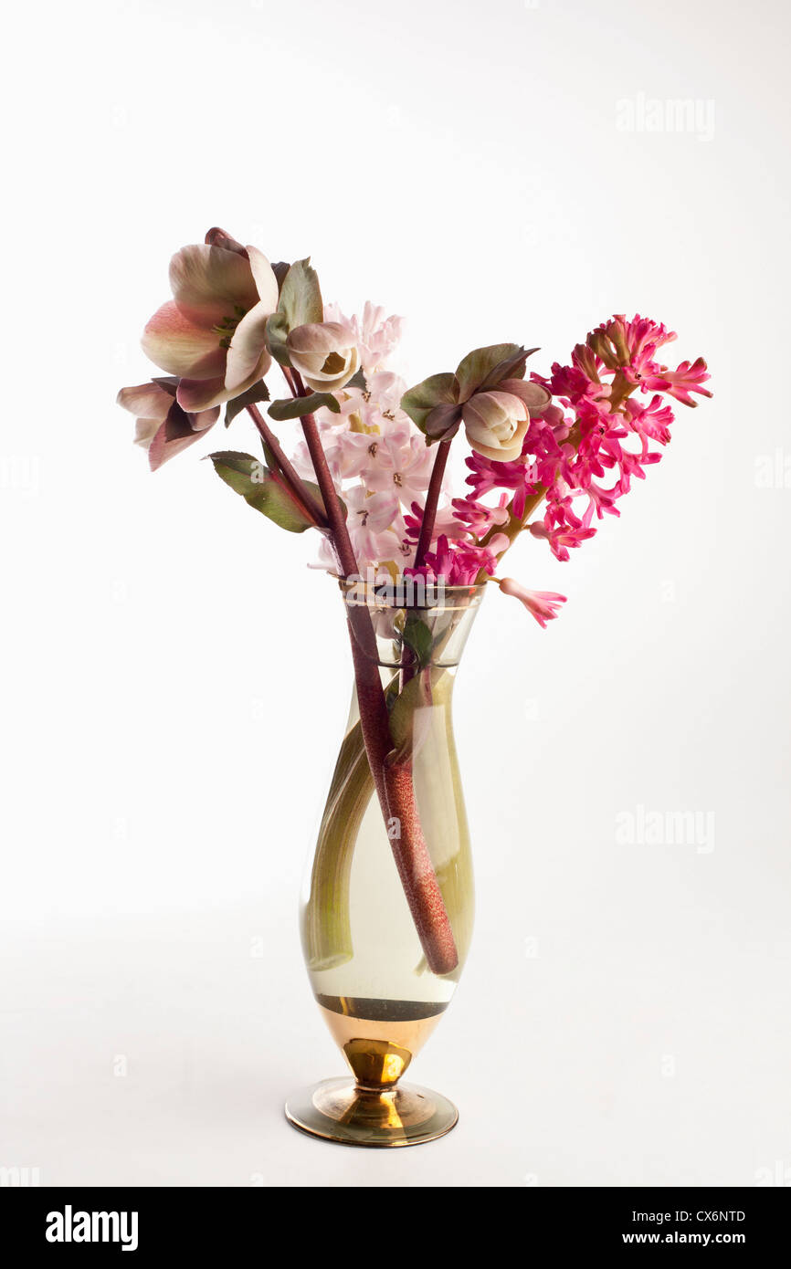 A bouquet of flowers, including Lenten roses (Helleborus orientalis) and hyacinth Stock Photo