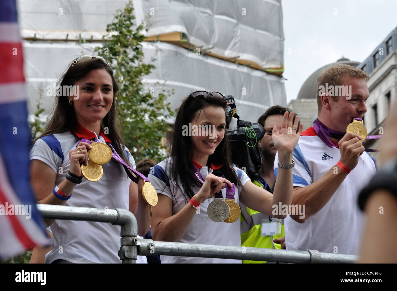 Sarah Storey, Victoria Pendleton, Chris Hoy. Cycling.  The London 2012 Medal Winners Parade. Stock Photo
