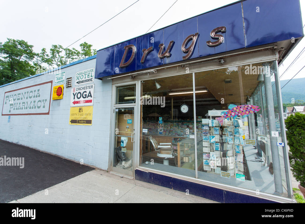Phoenicia Pharmacy store front street view in Phoenicia, Catskills