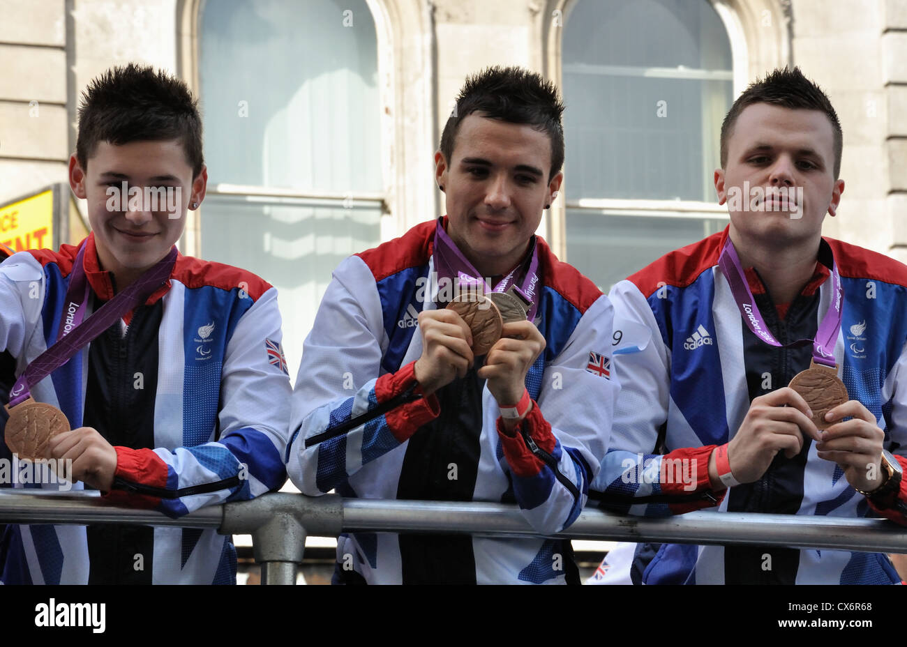 Ross Wilson, Will Bayley, Aaron McKibbin. Table Tennis.  The London 2012 Medal Winners Parade. Stock Photo