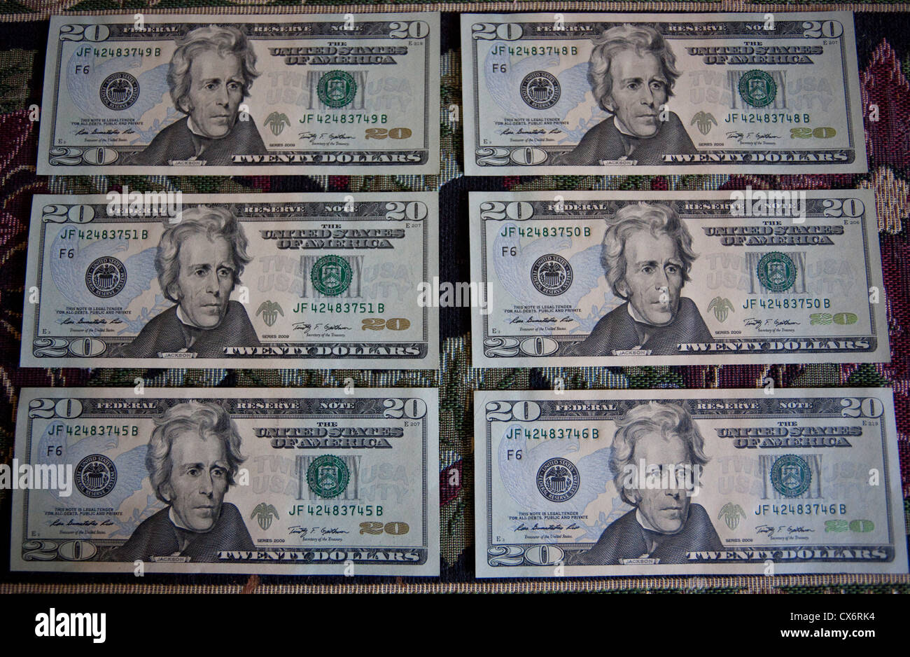 Six $20 dollar bills Stock Photo