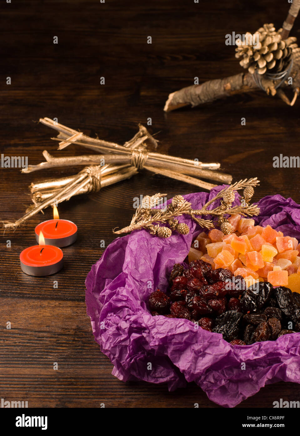 Assorted dried fruit in a Christmas setting Stock Photo Alamy