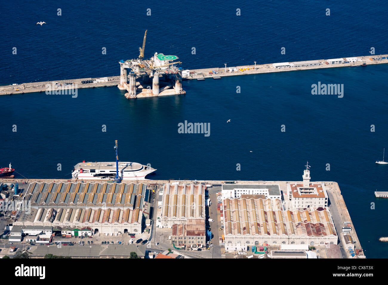 Shipyard in Gibraltar, view from above of the Rock of Gibraltar. Stock Photo