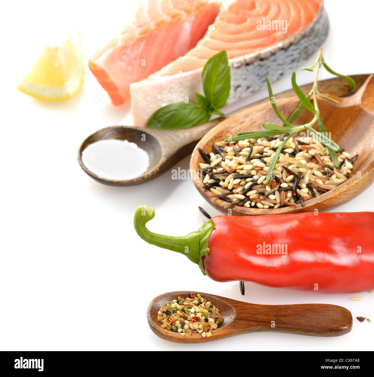 Slice Of Salmon And Wild Rice With Spices Stock Photo