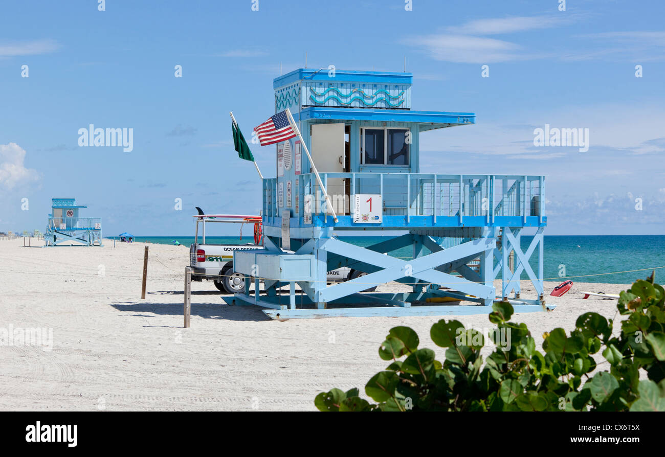Lifeguard towers on deserted beach, Haulover Beach, Miami-Dade County, Florida, USA. Stock Photo