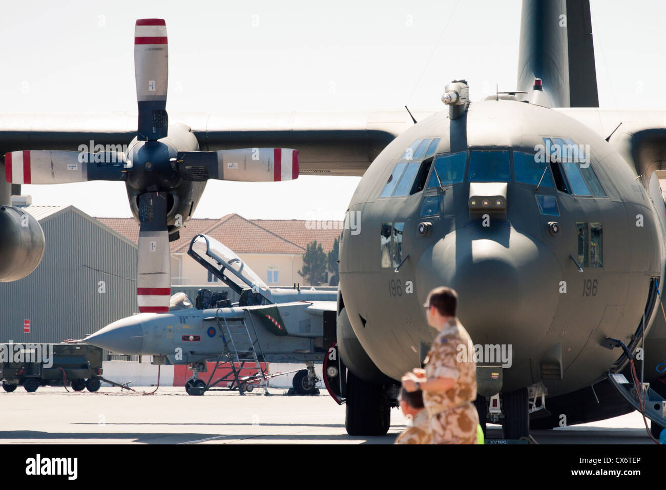 Detail of Lockheed C-130 Hercules turboprop military transport aircraft at RAF Gibraltar Airport. 2 July 2012, Gibraltar, UK. Stock Photo