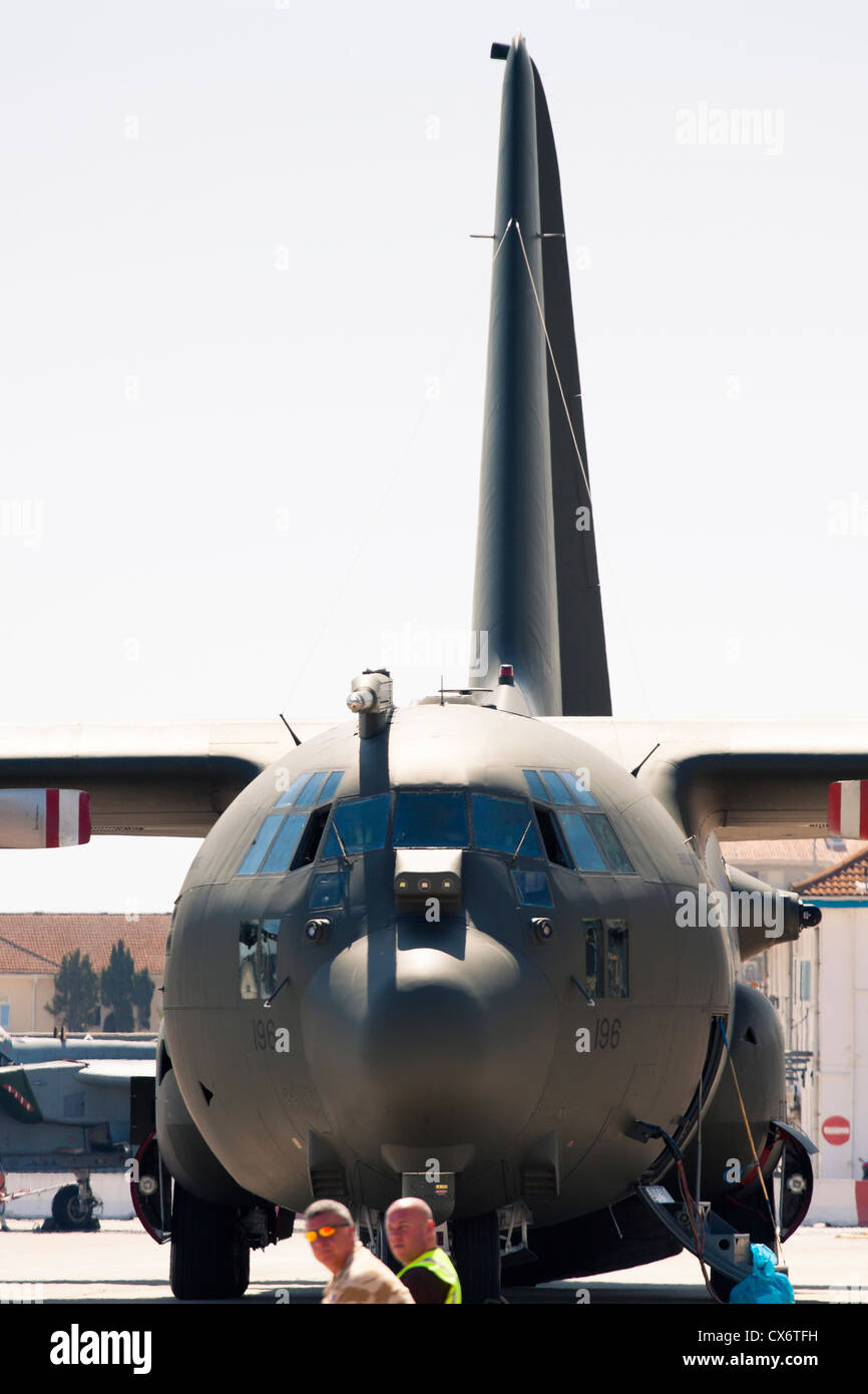 Detail of Lockheed C-130 Hercules turboprop military transport aircraft at RAF Gibraltar Airport. 2 July 2012, Gibraltar, UK. Stock Photo