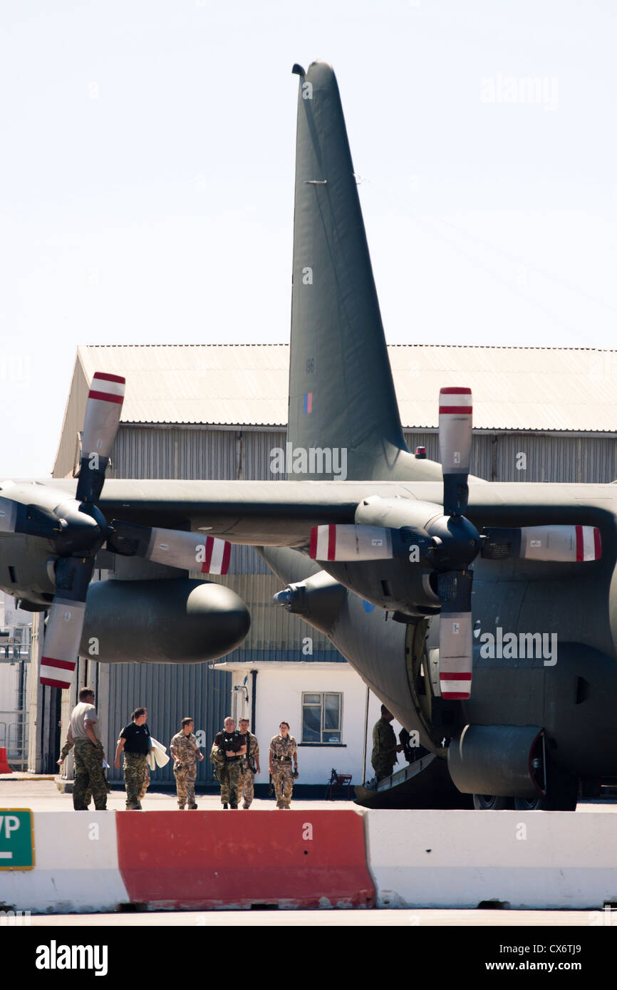 Detail of Lockheed C-130 Hercules turboprop military transport aircraft at RAF Gibraltar Airport. 2 July 2012, Gibraltar, UK. Stock Photo