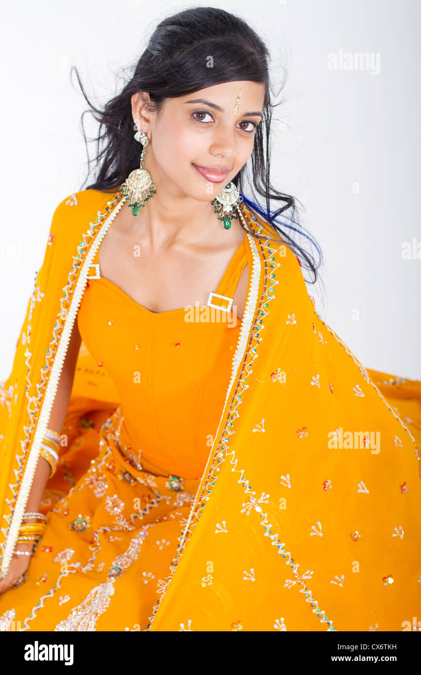 young indian woman in saree studio portrait Stock Photo - Alamy