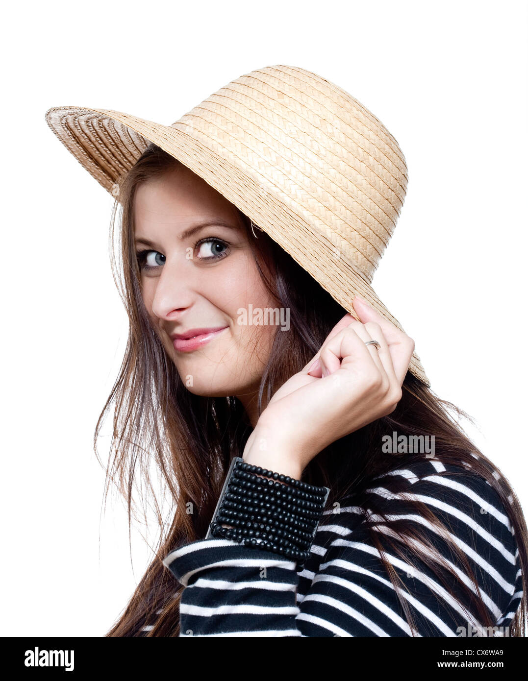 portrait of a young girl in straw hat smiling - isolated on white Stock ...