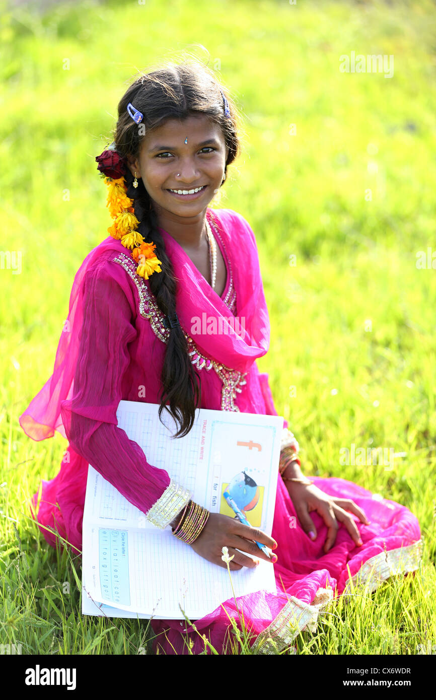Indian girl writing in her notebook Andhra Pradesh South India Stock ...