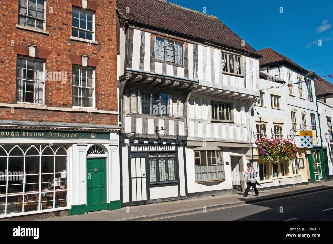 Street scene with timbered buildings in Tewkesbury Gloucestershire named Theocsbury after Theoc, a Saxon who built a hermitage Stock Photo