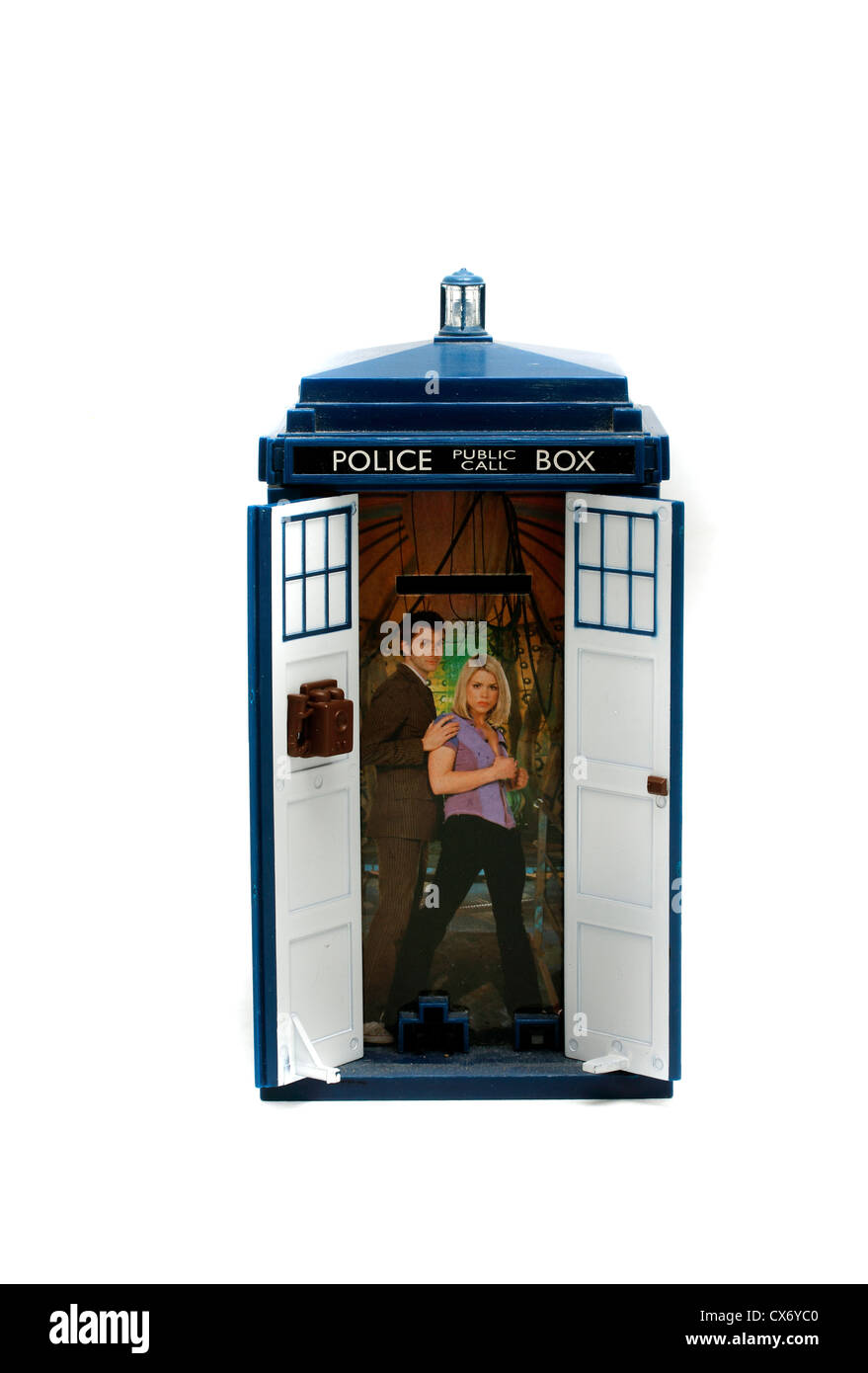 Tardis Money box, for the dedicated young Whovian 17cms tall, 9 cms across the base. battery operated light and tardis engine noise. Doors open up to reveal David Tennant Doctor and Rose. Stock Photo