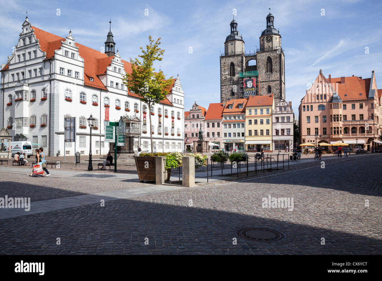 Market Place with Rathaus and Stadtkirche St. Marien, Lutherstadt Wittenberg, Saxony Anhalt, Germany Stock Photo