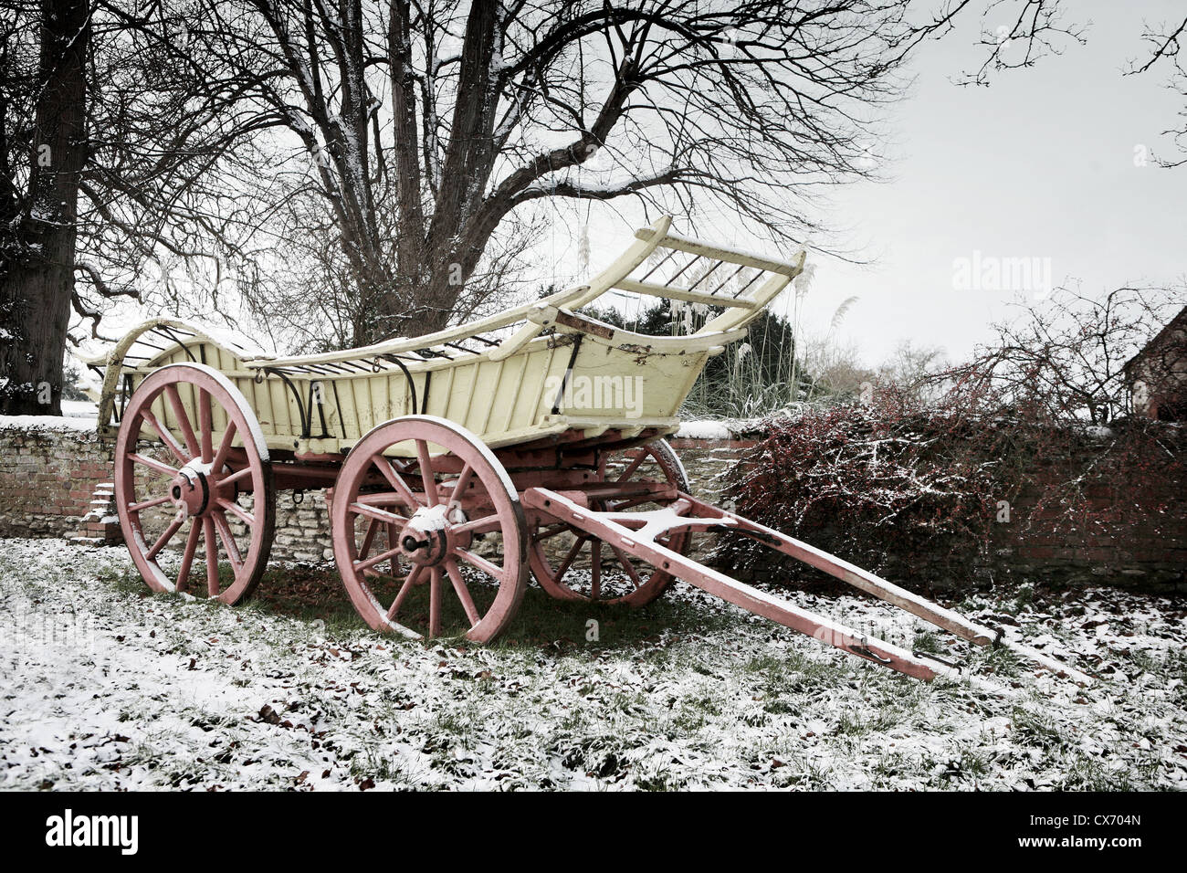 English Farm Cart, horse drawn waggon in the snow in Oxfordshire