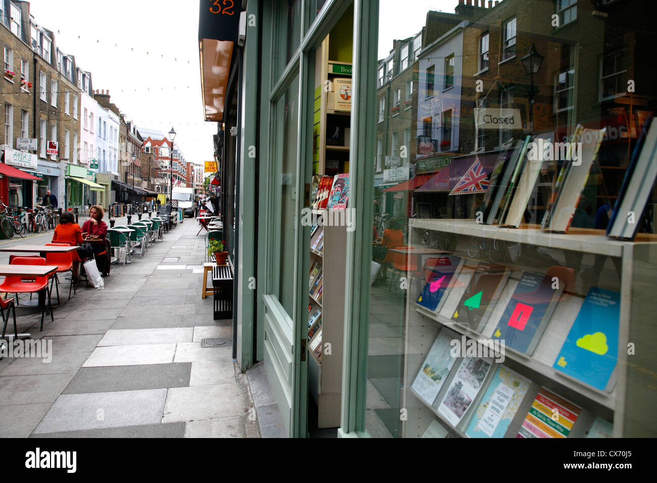 Shop window of Clerkenwell Tales bookshop on Exmouth Market, Finsbury, London, UK Stock Photo