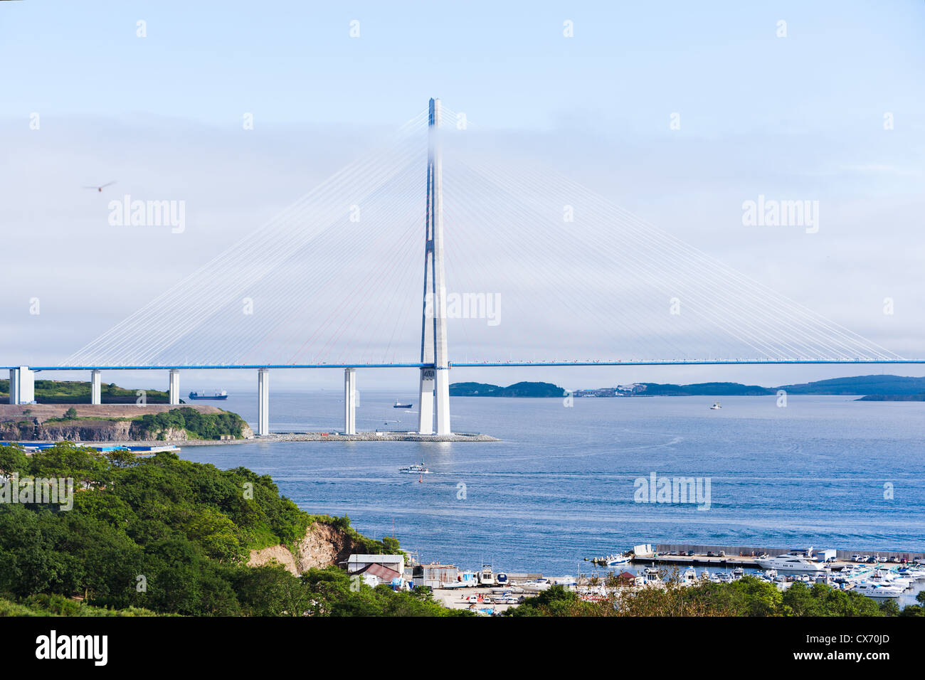 longest cable-stayed bridge in the world in the Russian Vladivostok over the Eastern Bosphorus strait to the Russky Island Stock Photo