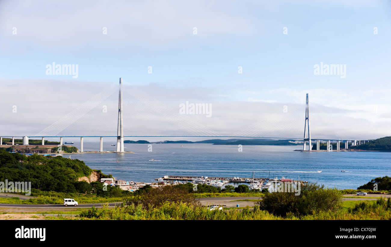 longest cable-stayed bridge in the world in the Russian Vladivostok over the Eastern Bosphorus strait to the Russky Island Stock Photo