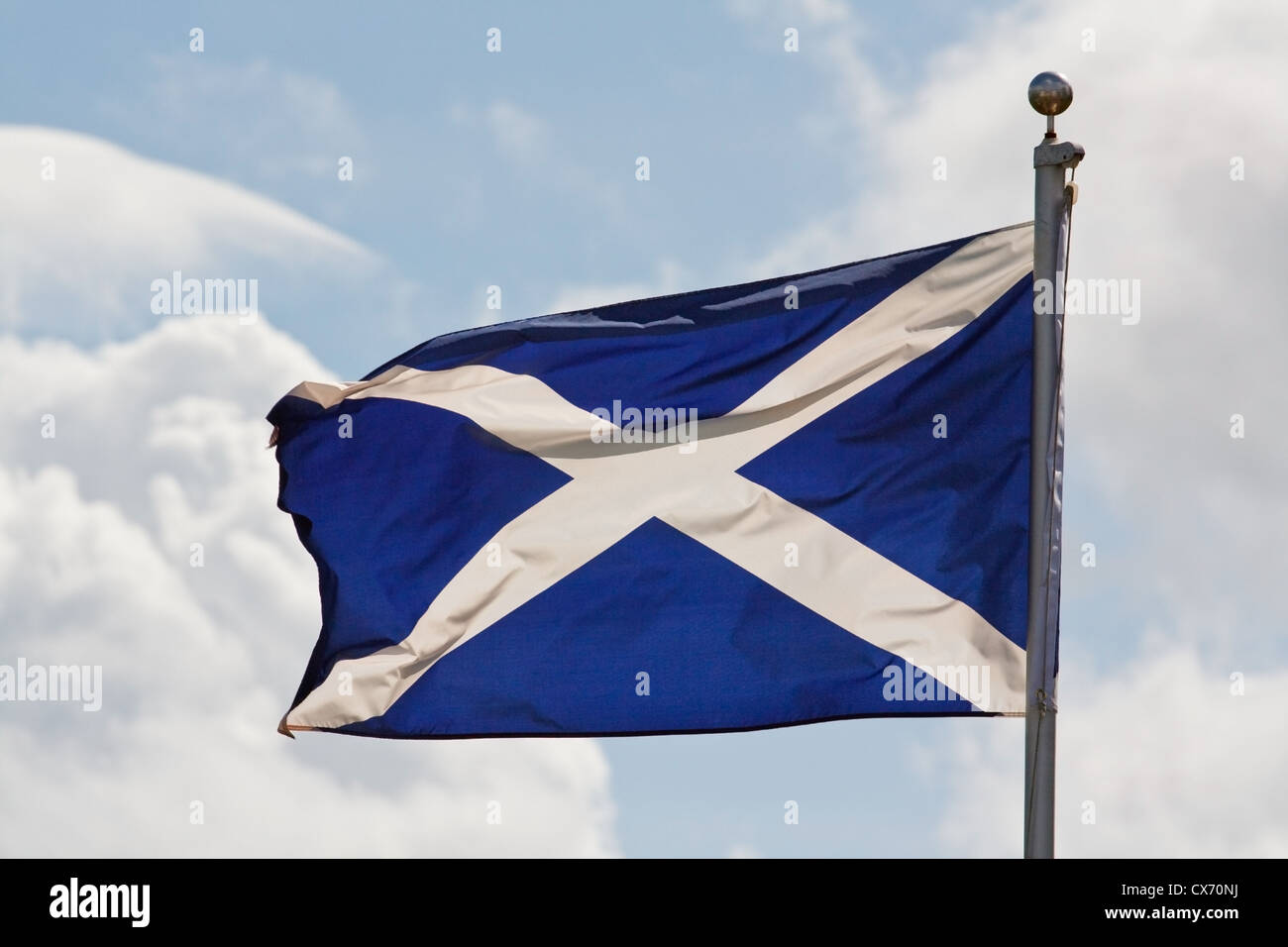 the blue and white cross of st andrew the national flag of scotland ripples in the wind on flagpole Stock Photo