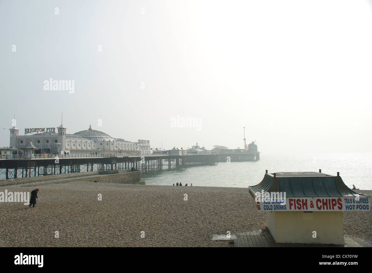 Brighton beach with pier and fish and chips hut, England, UK Stock