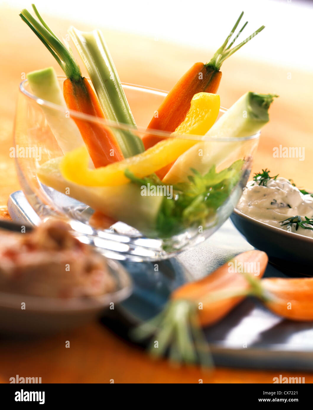 Vegetable sticks with two types of dip Stock Photo Alamy