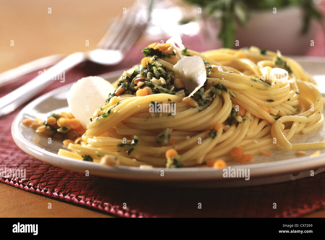 Spaghetti with red lentil Stock Photo - Alamy