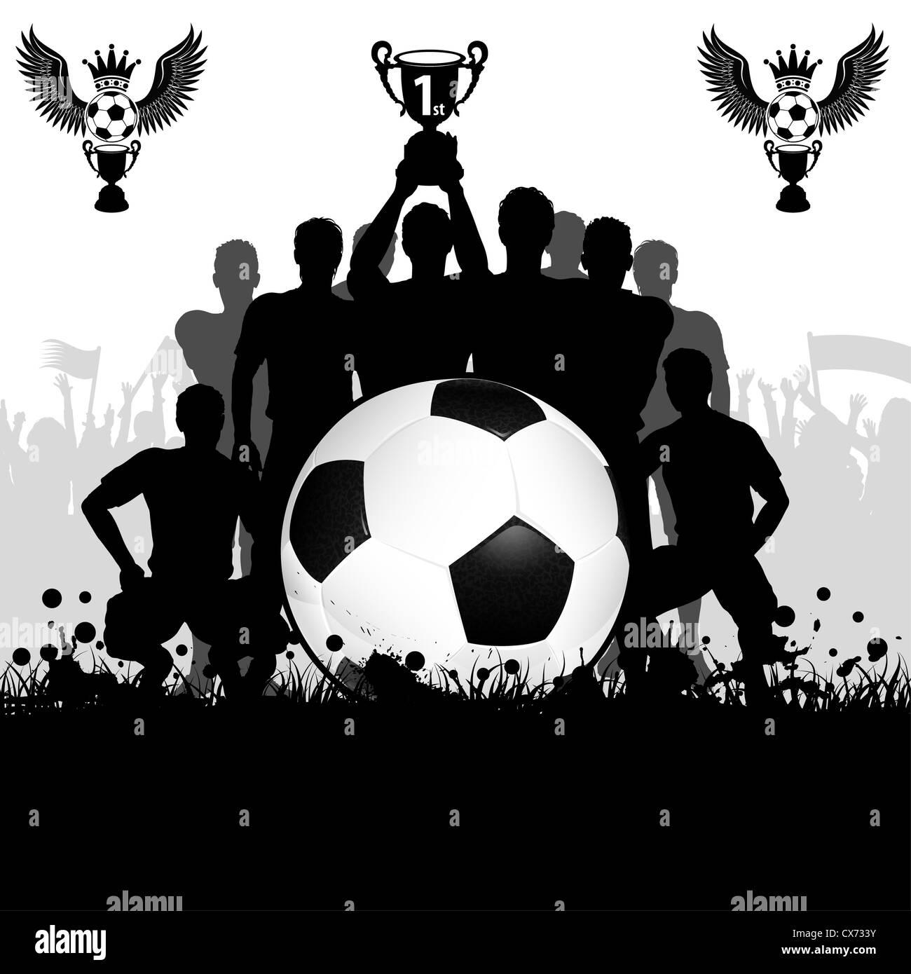Soccer Poster with Winning Football Team with the Cup in his hands and Fans, vector illustration