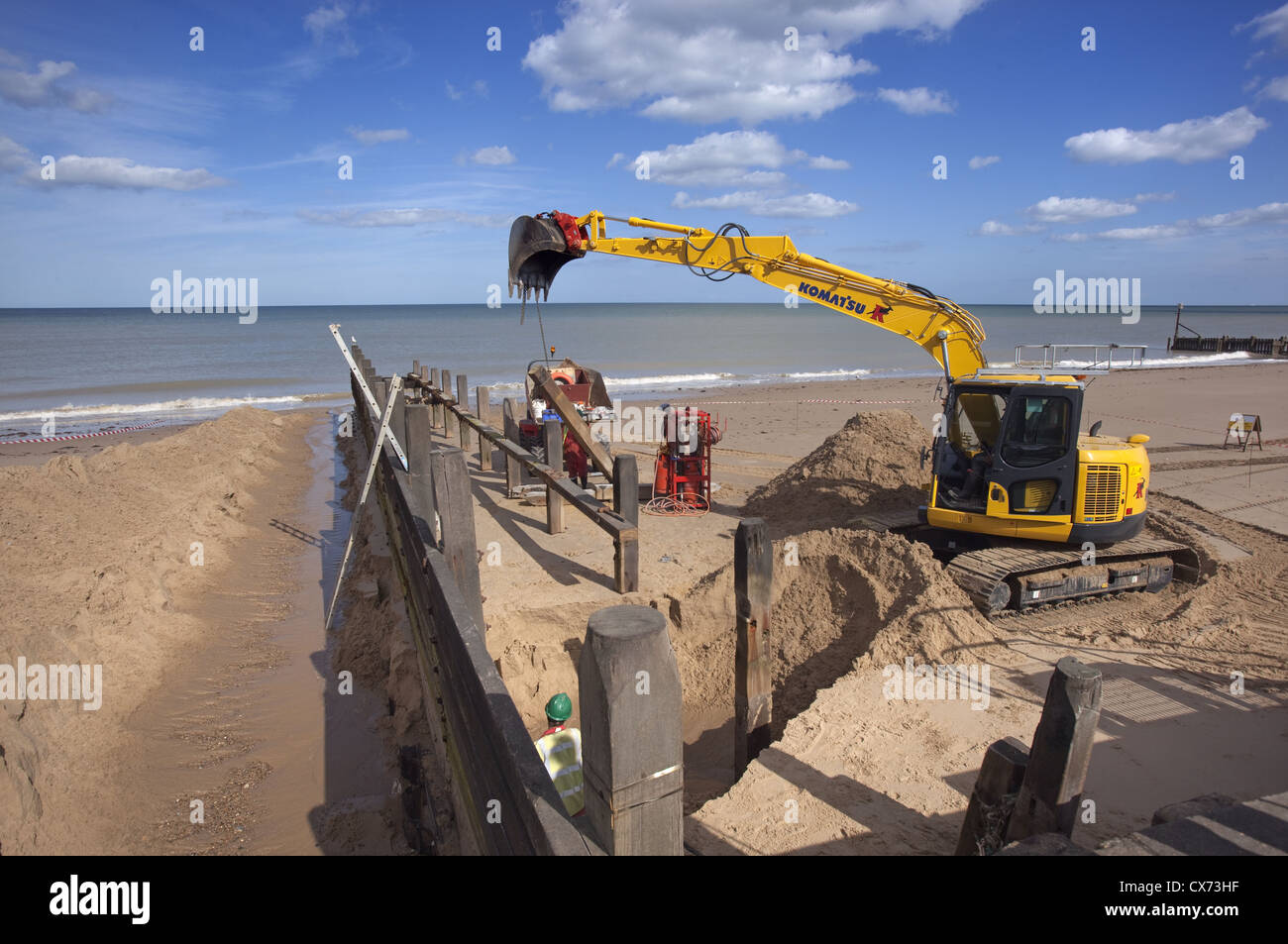 Repairing Sea Defences north sea coast at Walcott North Norfolk Stock Photo