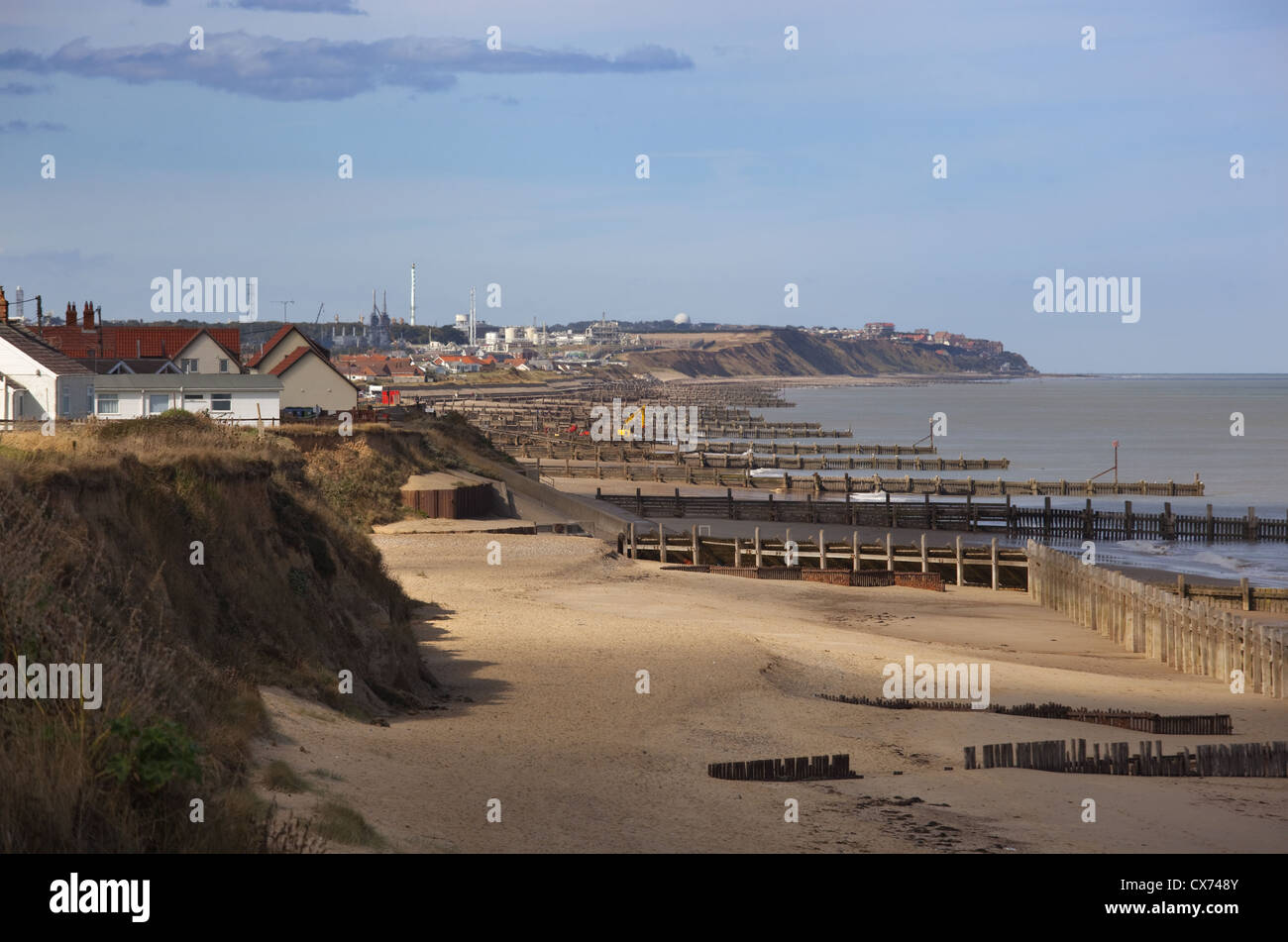 Groynes at Walcott towards Bacton north sea coast Norfolk UK September ...