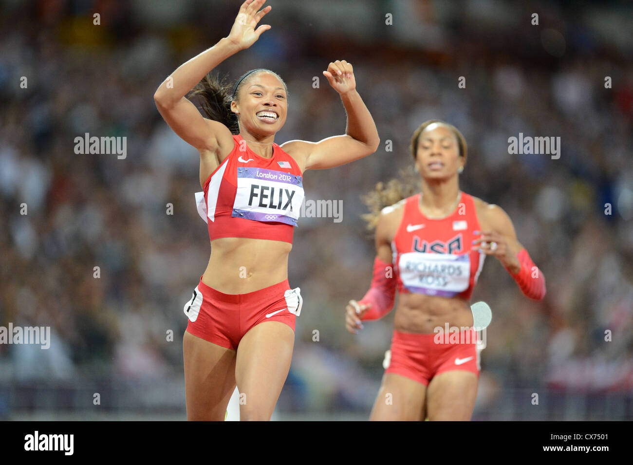 USA's Allyson Felix wins gold in Women's 200m at the Olympic Stadium, August 8th, 2012. Her first individual gold medal Stock Photo