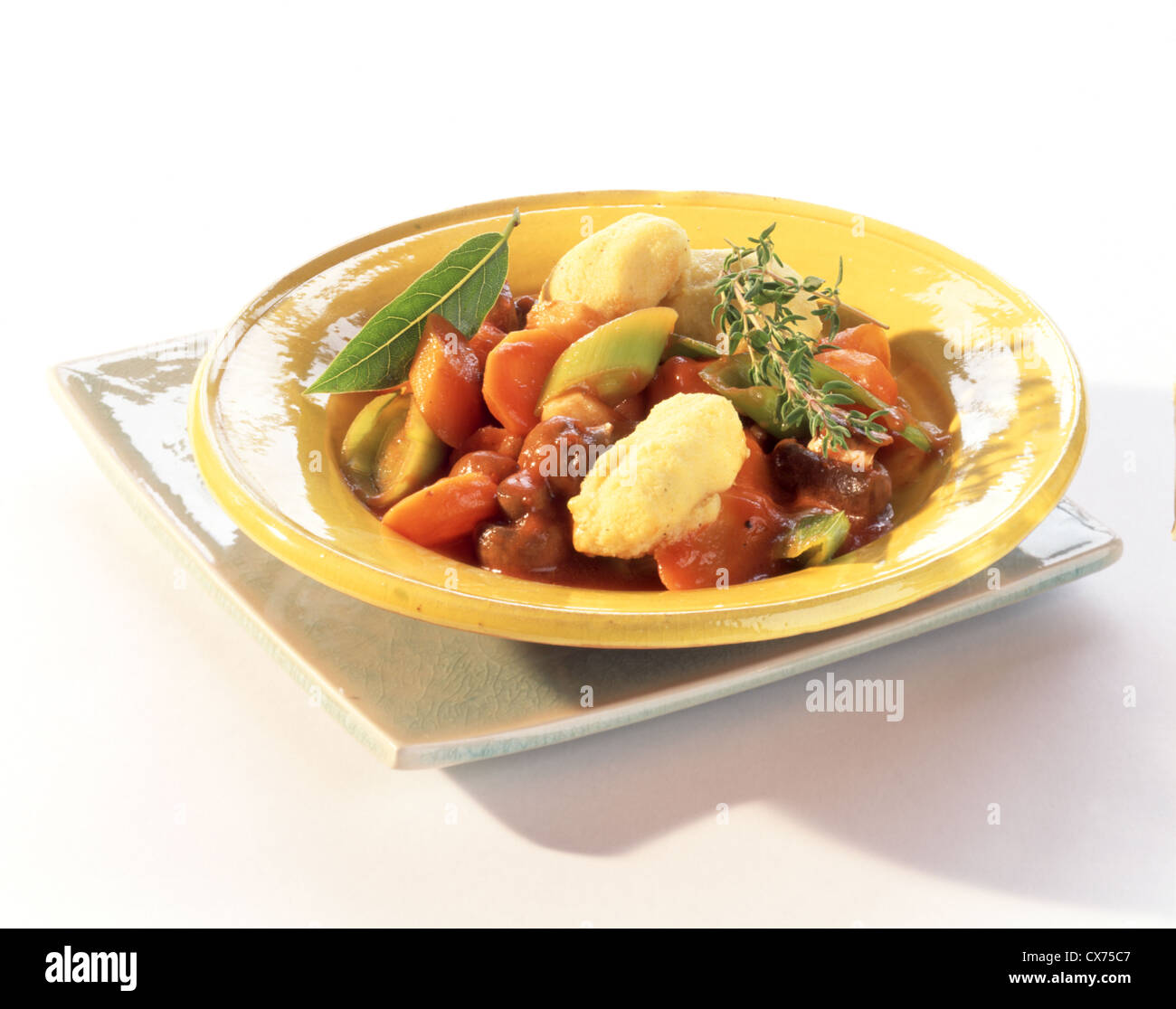 Mushroom vegetable ragout with wine sauce and small corn dumplings ...