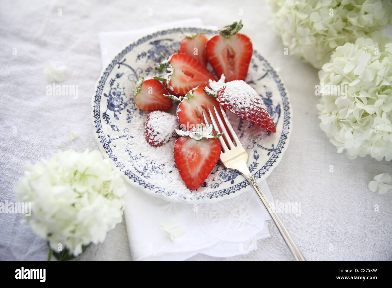 dish of strawberries with powdered sugar and fresh white hydrangea ...