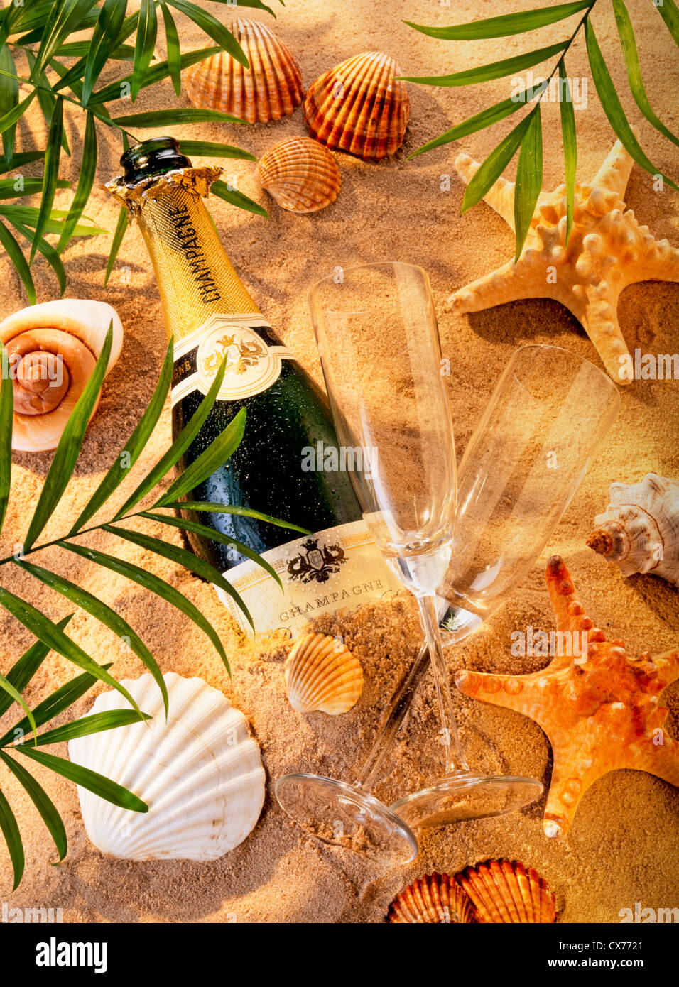 CHAMPAGNE ON BEACH Stock Photo