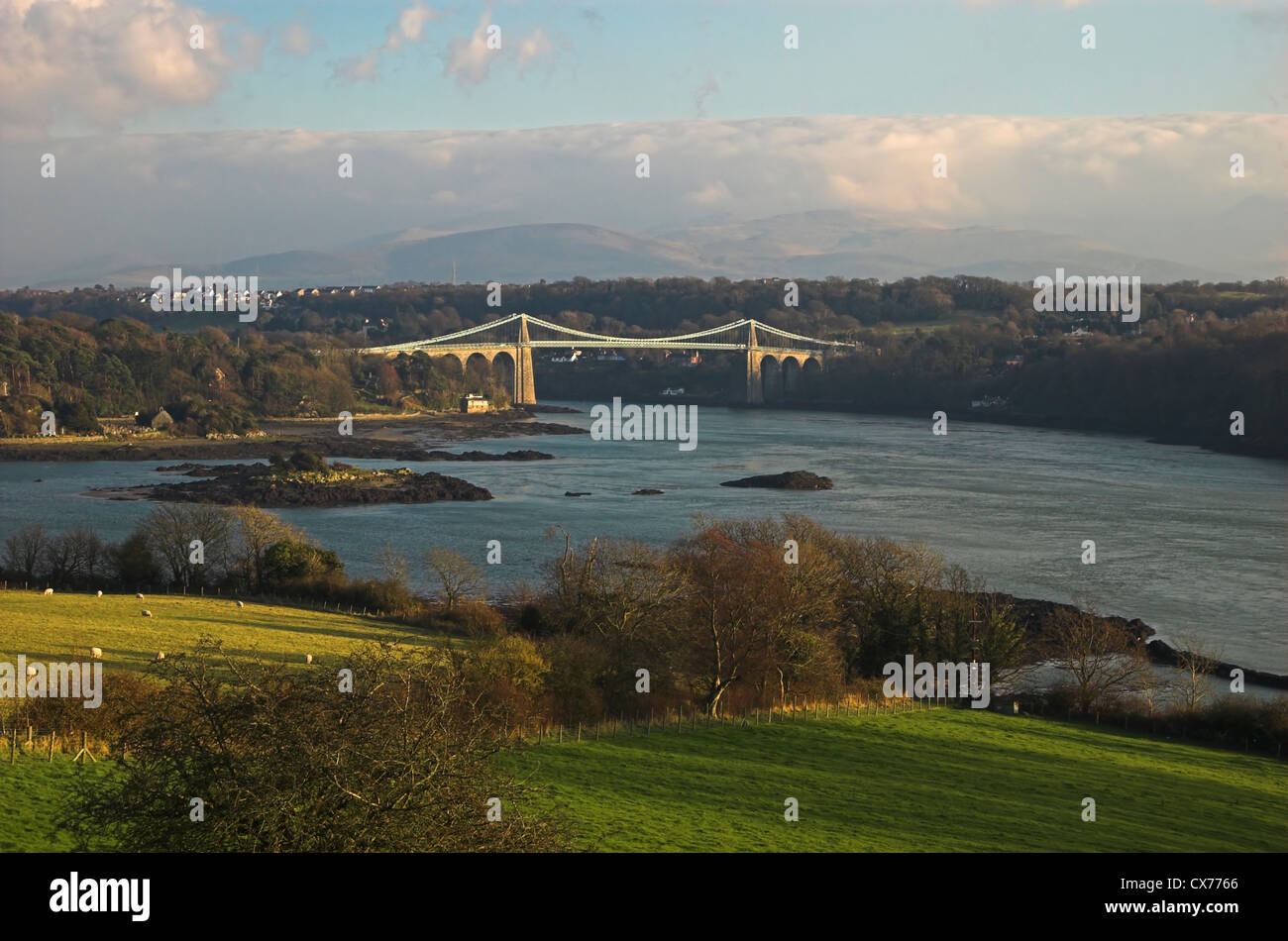 Menai Bridge, Menai Strait, Anglesey, North Wales with Snowdonia in the distance. Stock Photo