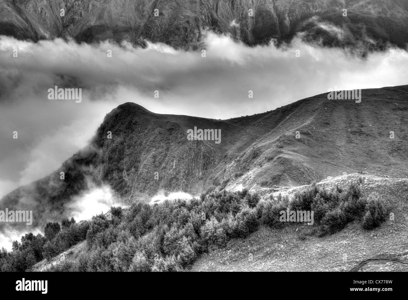 Mountain landscape near Tsminda Sameba, Gergeti Trinity Church, Khevi, Georgia Stock Photo