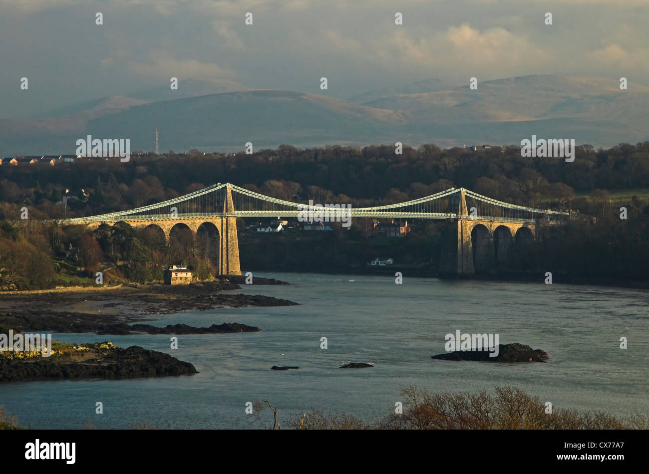 Menai Bridge, Menai Strait, Anglesey, North Wales with Snowdonia in the distance. Stock Photo