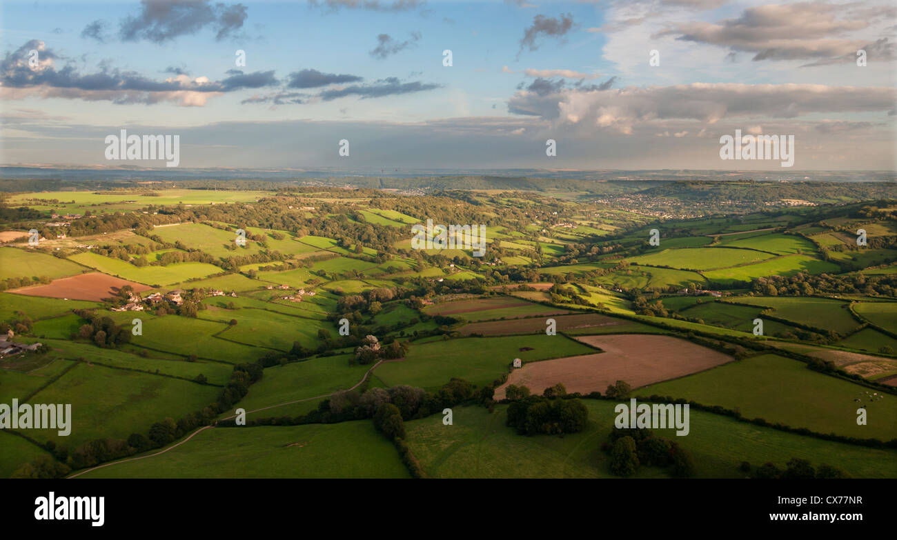 Aerial view of patchwork quilt of fields surrounding the Bristol Avon Valley near Bristol Stock Photo