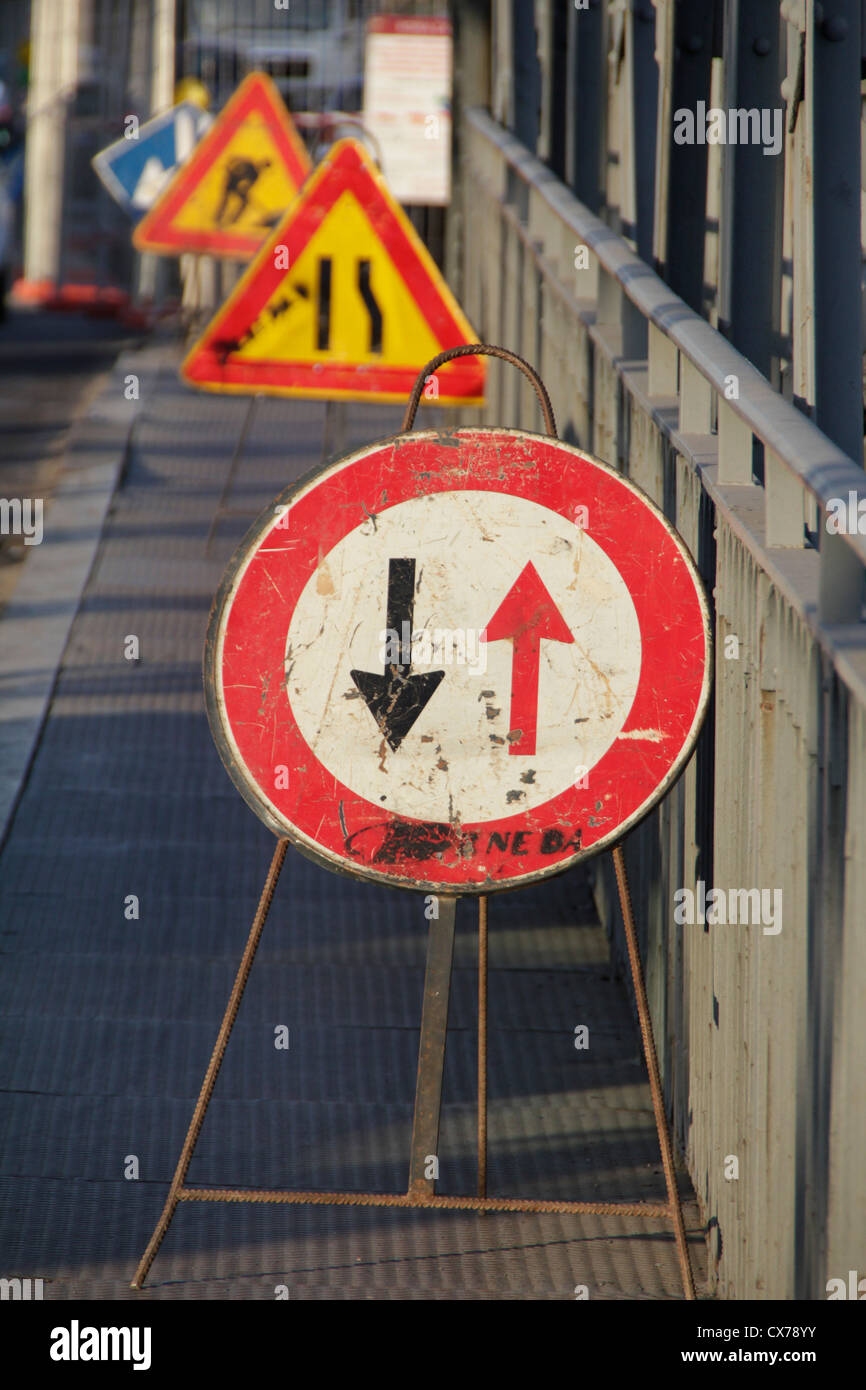road works traffic signs on street Stock Photo - Alamy