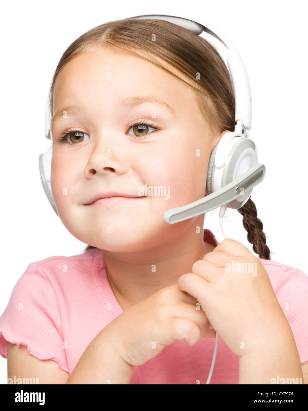 Closeup portrait of cute little girl talking to customers as a