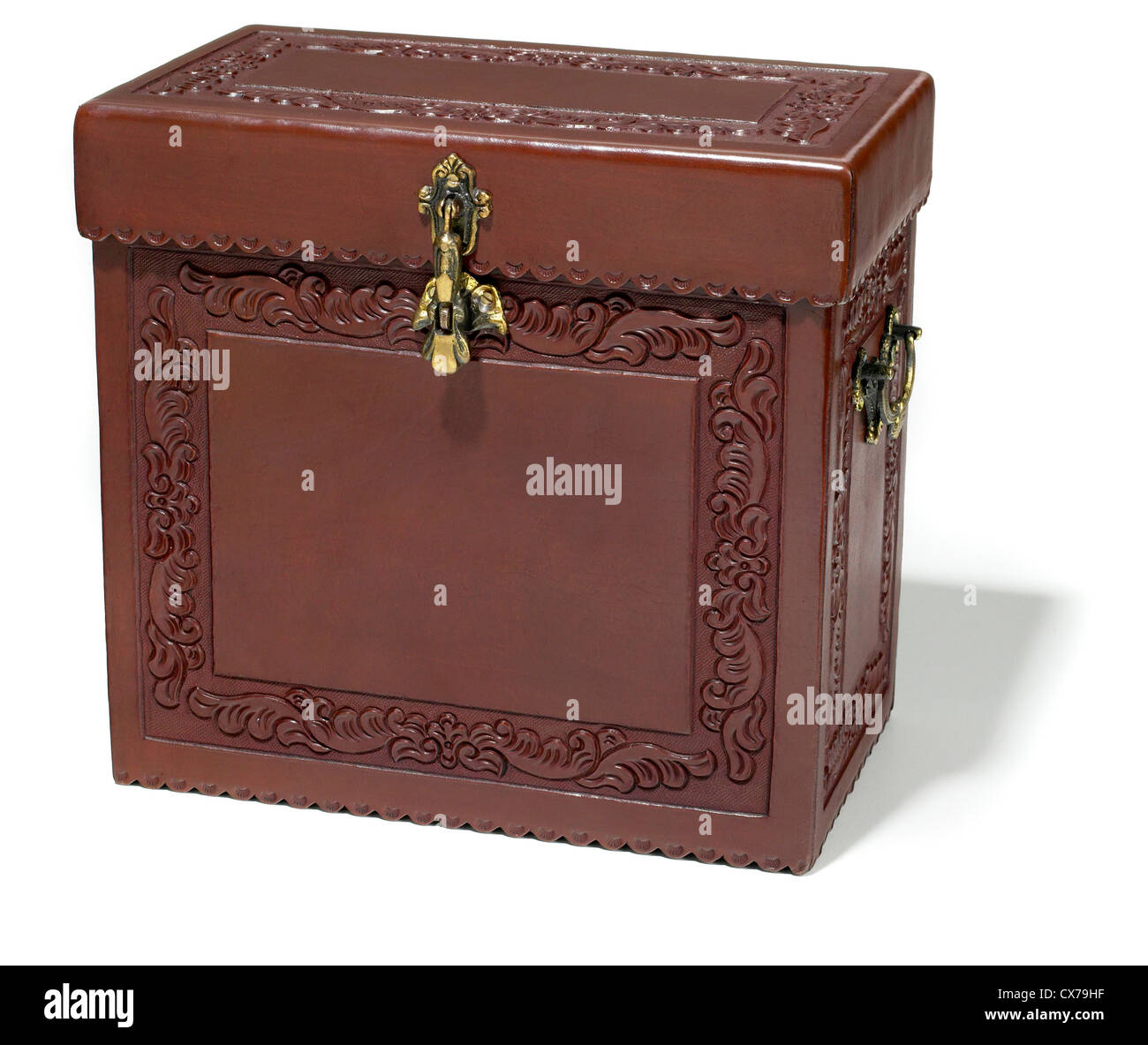 embossed leather bottle box photographed on a white background Stock Photo