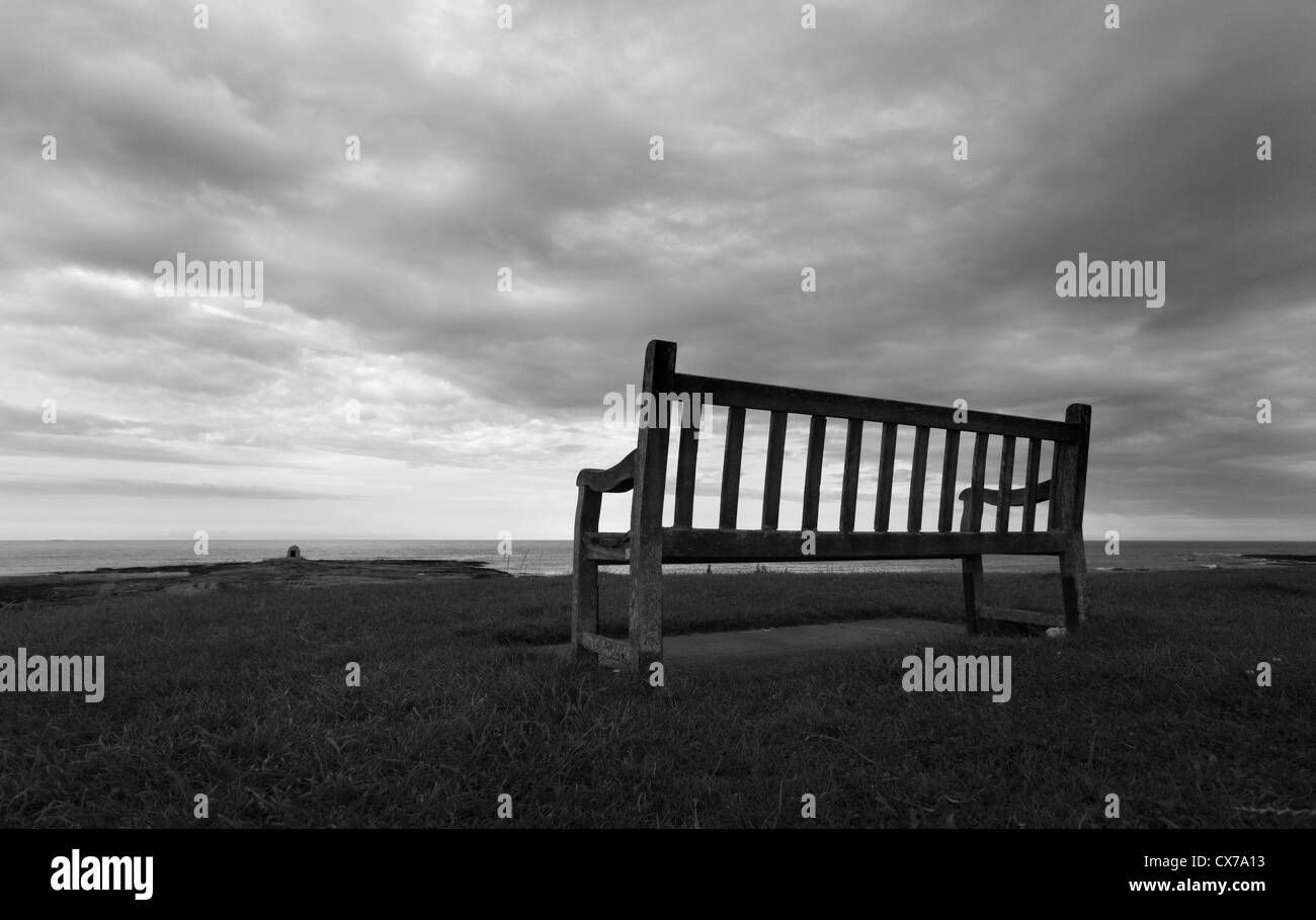 A lonely, empty bench overlooking the North Sea at Seahouses on the Northumberland coast. Stock Photo